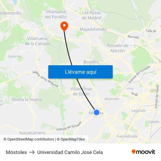 Móstoles to Universidad Camilo José Cela map
