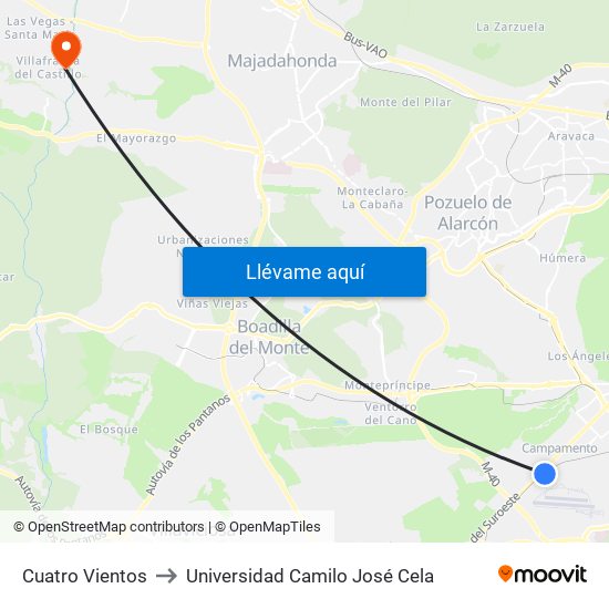 Cuatro Vientos to Universidad Camilo José Cela map