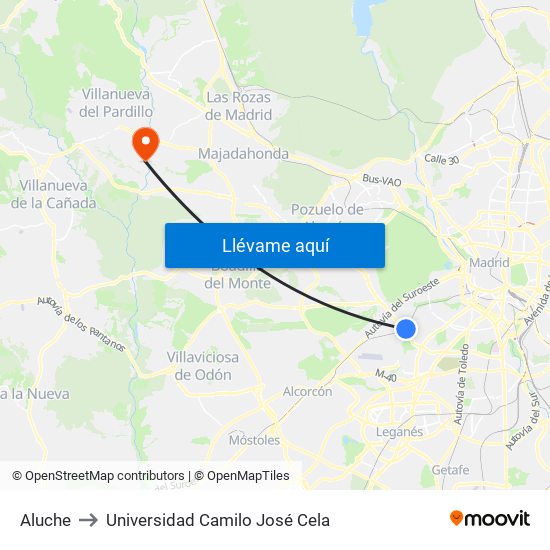 Aluche to Universidad Camilo José Cela map