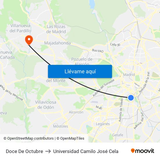Doce De Octubre to Universidad Camilo José Cela map