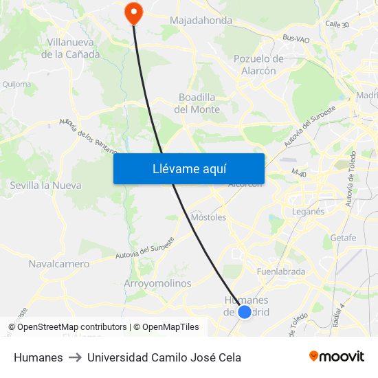 Humanes to Universidad Camilo José Cela map