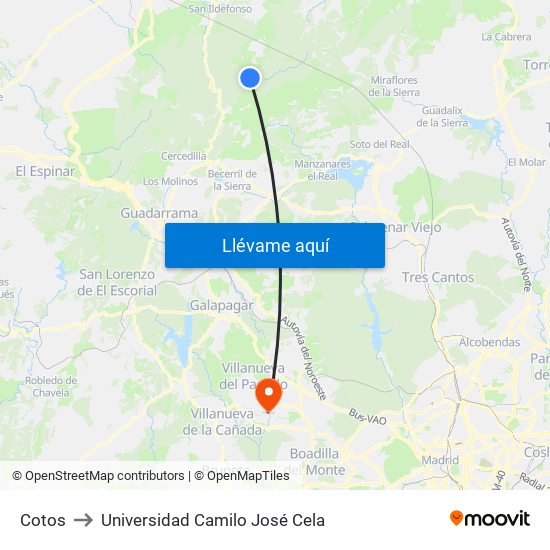 Cotos to Universidad Camilo José Cela map