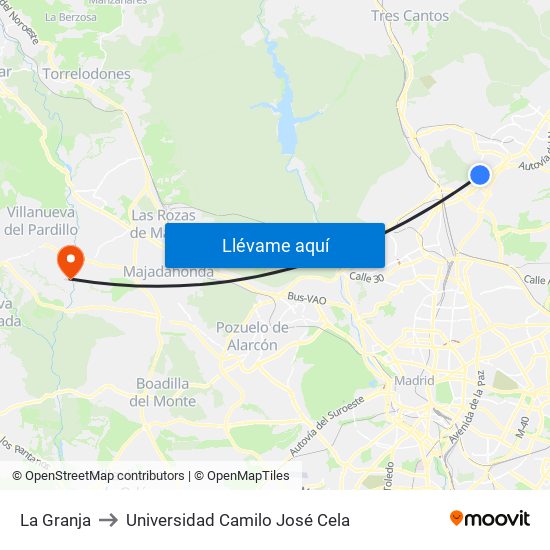 La Granja to Universidad Camilo José Cela map