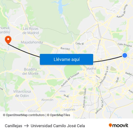 Canillejas to Universidad Camilo José Cela map