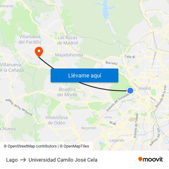 Lago to Universidad Camilo José Cela map