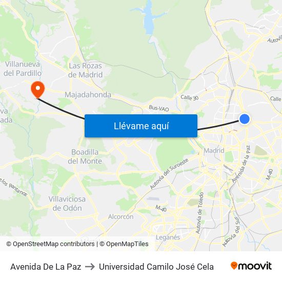 Avenida De La Paz to Universidad Camilo José Cela map