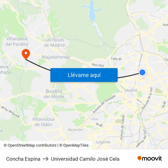 Concha Espina to Universidad Camilo José Cela map