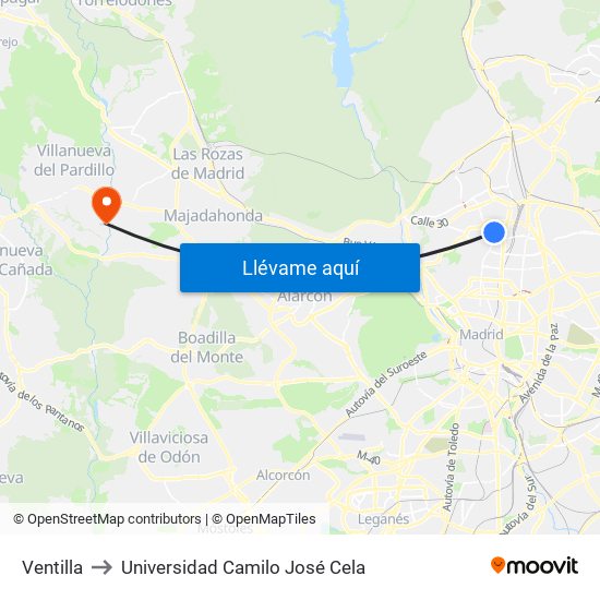 Ventilla to Universidad Camilo José Cela map