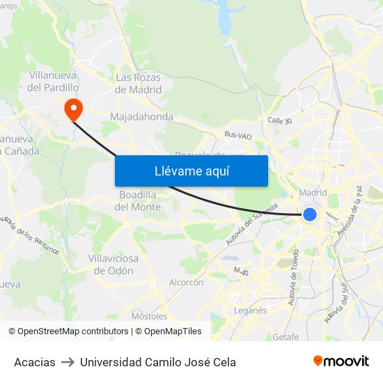 Acacias to Universidad Camilo José Cela map