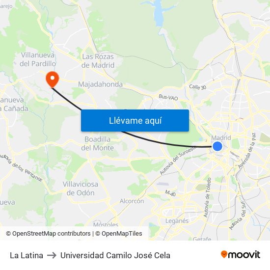 La Latina to Universidad Camilo José Cela map