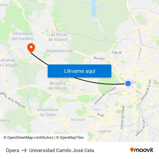 Ópera to Universidad Camilo José Cela map