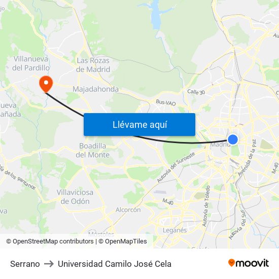 Serrano to Universidad Camilo José Cela map