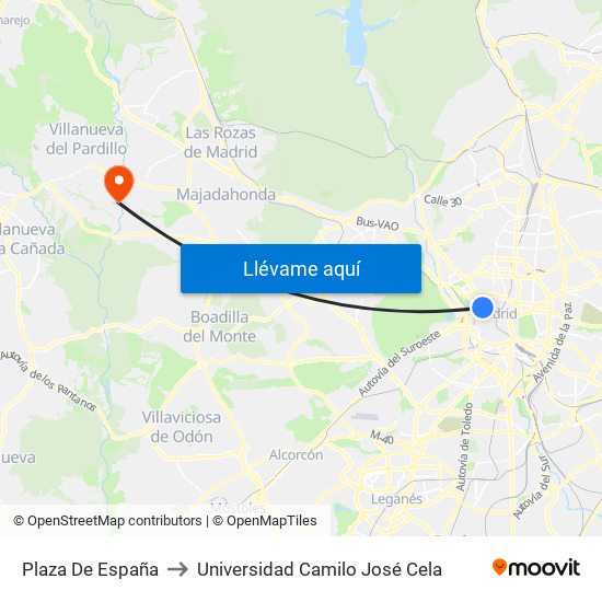 Plaza De España to Universidad Camilo José Cela map