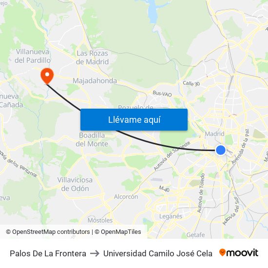 Palos De La Frontera to Universidad Camilo José Cela map