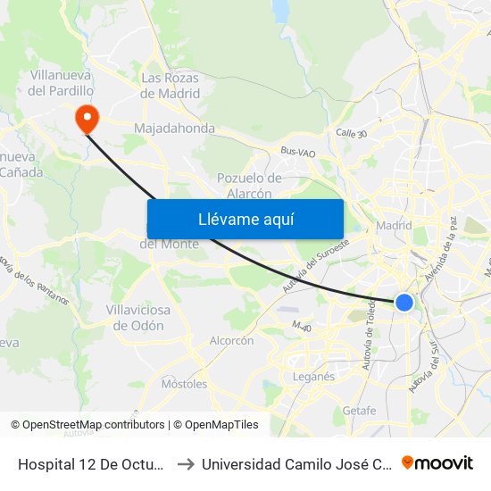 Hospital 12 De Octubre to Universidad Camilo José Cela map