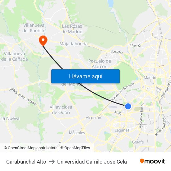 Carabanchel Alto to Universidad Camilo José Cela map