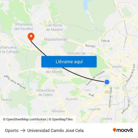 Oporto to Universidad Camilo José Cela map