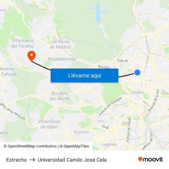 Estrecho to Universidad Camilo José Cela map