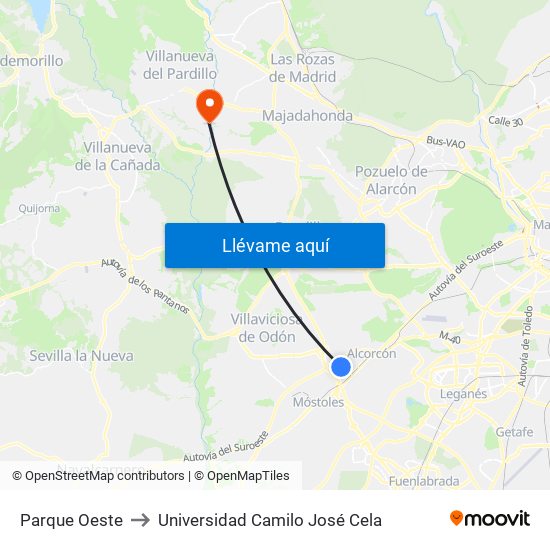 Parque Oeste to Universidad Camilo José Cela map