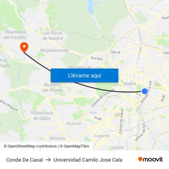 Conde De Casal to Universidad Camilo José Cela map