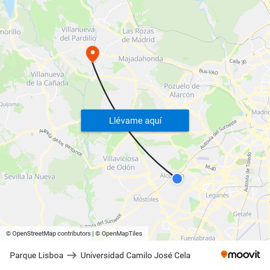 Parque Lisboa to Universidad Camilo José Cela map