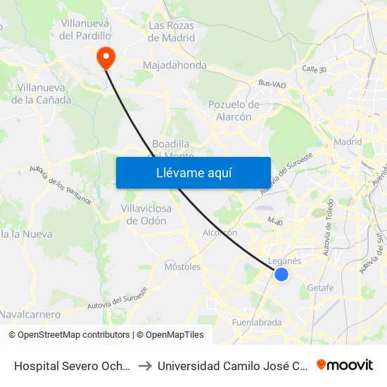 Hospital Severo Ochoa to Universidad Camilo José Cela map