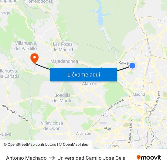 Antonio Machado to Universidad Camilo José Cela map