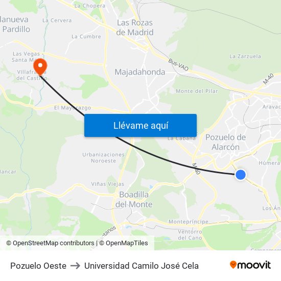 Pozuelo Oeste to Universidad Camilo José Cela map