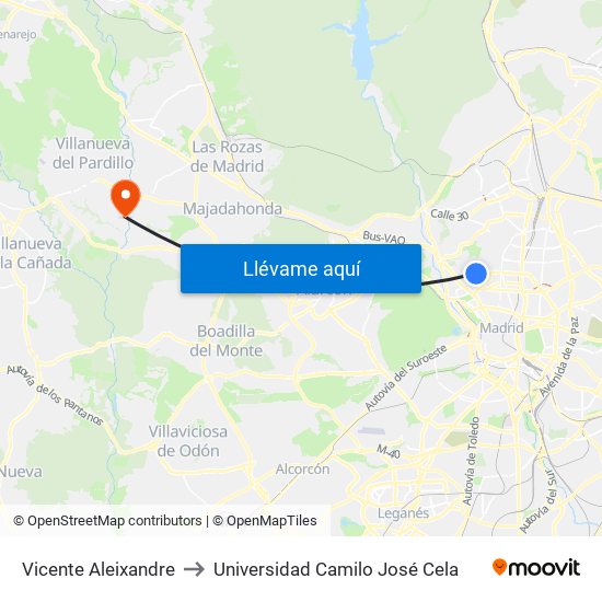 Vicente Aleixandre to Universidad Camilo José Cela map