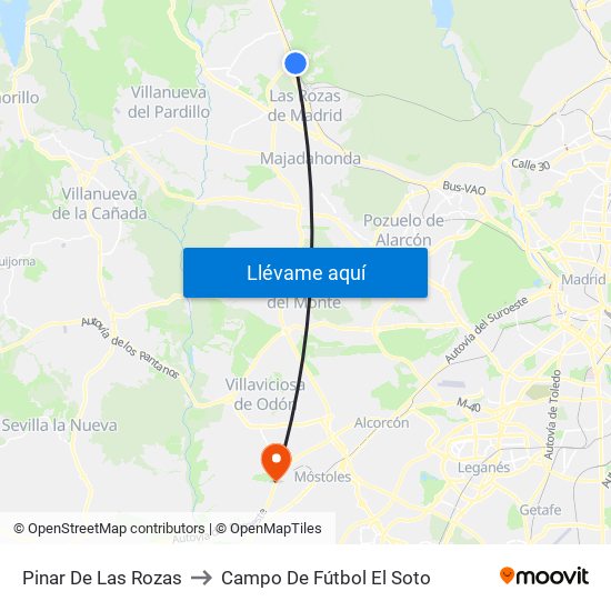 Pinar De Las Rozas to Campo De Fútbol El Soto map