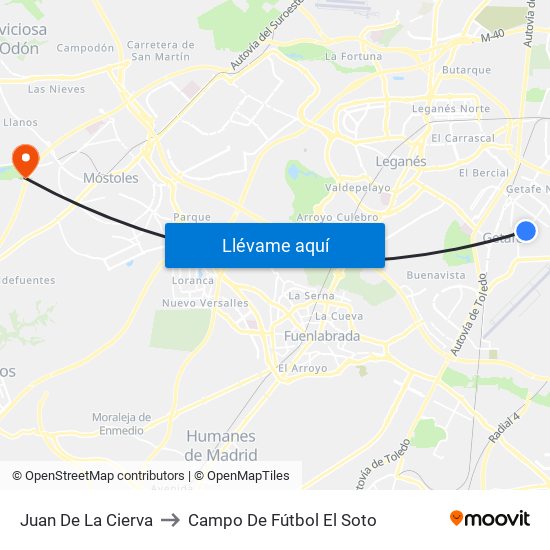Juan De La Cierva to Campo De Fútbol El Soto map