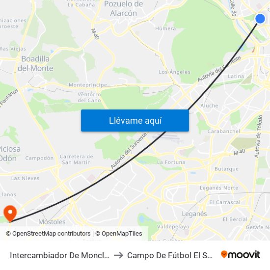 Intercambiador De Moncloa to Campo De Fútbol El Soto map