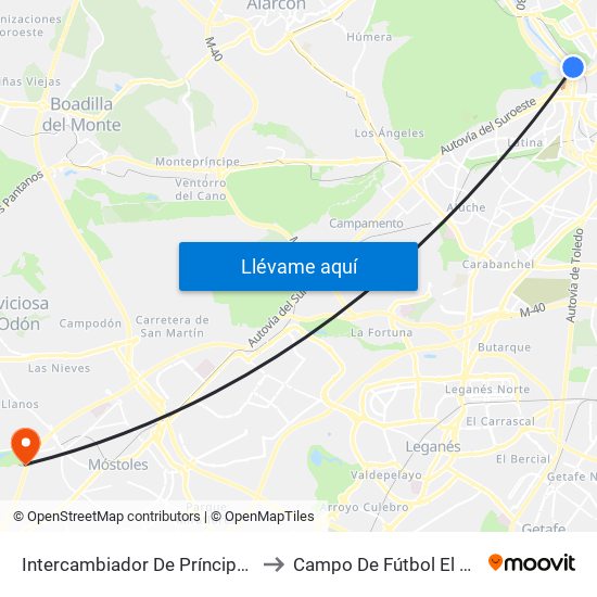 Intercambiador De Príncipe Pío to Campo De Fútbol El Soto map