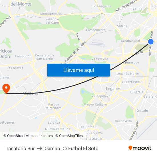 Tanatorio Sur to Campo De Fútbol El Soto map