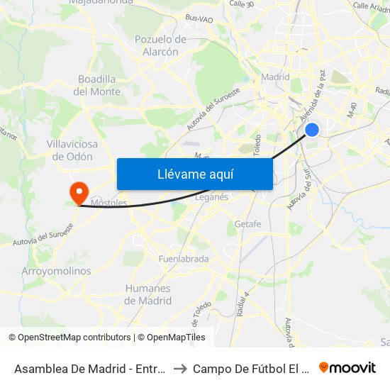 Asamblea De Madrid - Entrevías to Campo De Fútbol El Soto map