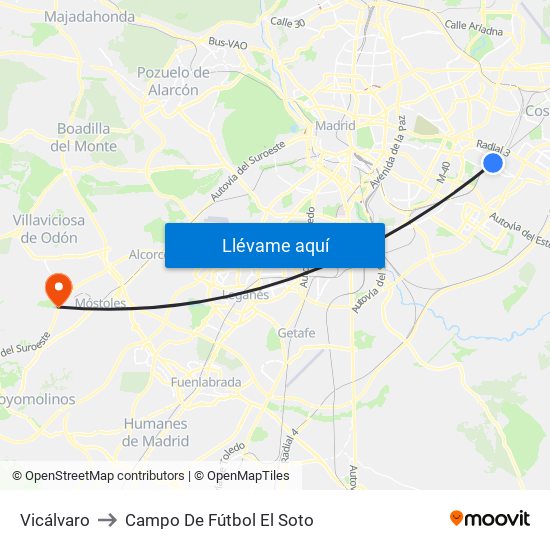 Vicálvaro to Campo De Fútbol El Soto map