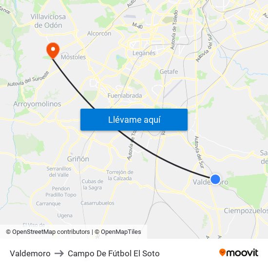 Valdemoro to Campo De Fútbol El Soto map