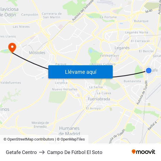 Getafe Centro to Campo De Fútbol El Soto map