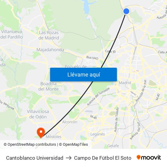 Cantoblanco Universidad to Campo De Fútbol El Soto map