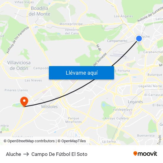 Aluche to Campo De Fútbol El Soto map