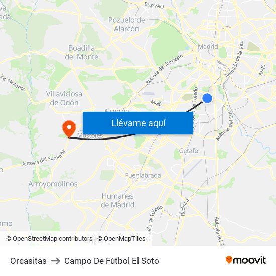 Orcasitas to Campo De Fútbol El Soto map