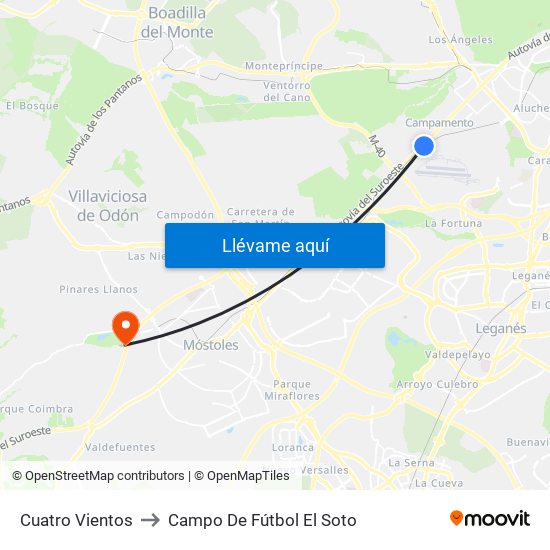 Cuatro Vientos to Campo De Fútbol El Soto map
