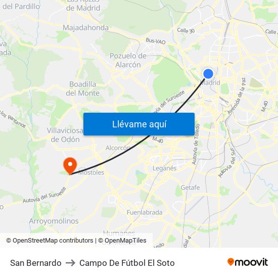 San Bernardo to Campo De Fútbol El Soto map