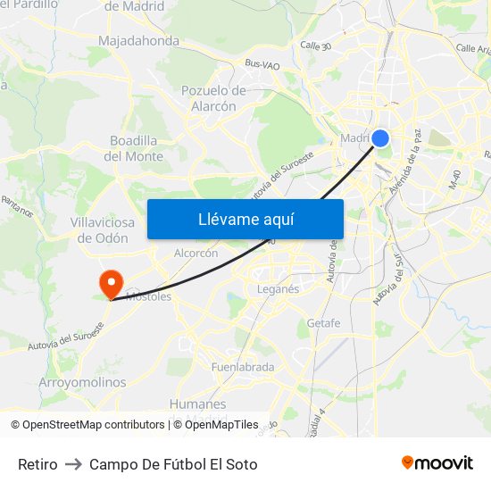 Retiro to Campo De Fútbol El Soto map