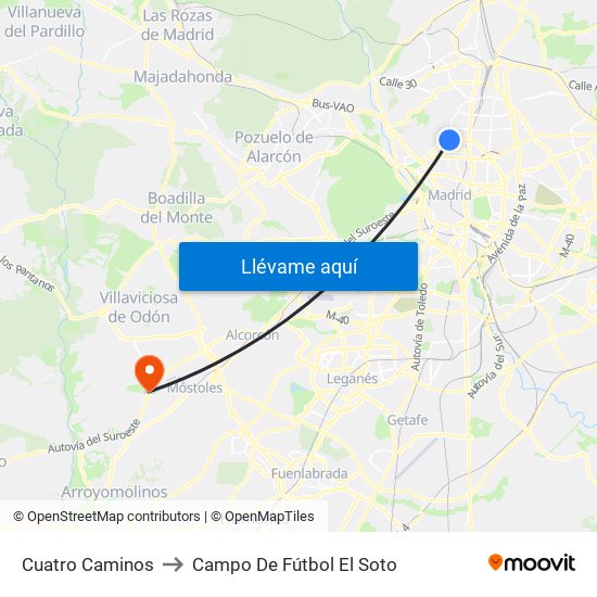 Cuatro Caminos to Campo De Fútbol El Soto map