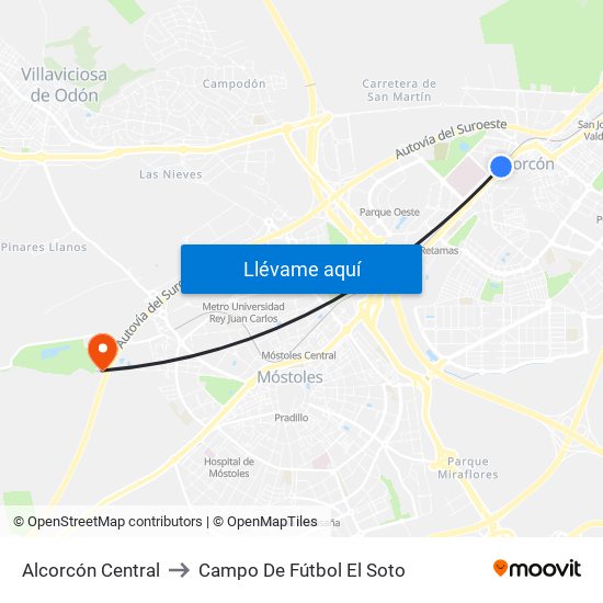 Alcorcón Central to Campo De Fútbol El Soto map