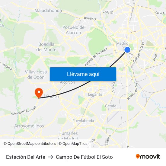 Estación Del Arte to Campo De Fútbol El Soto map
