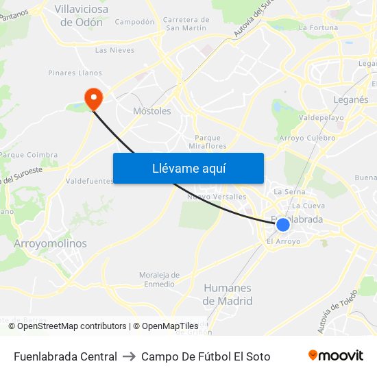 Fuenlabrada Central to Campo De Fútbol El Soto map