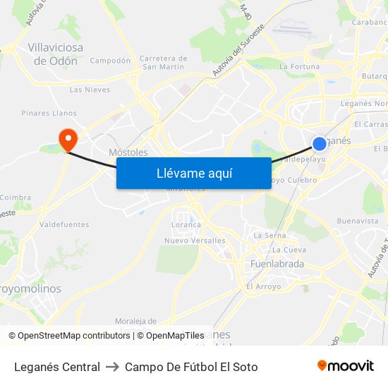 Leganés Central to Campo De Fútbol El Soto map