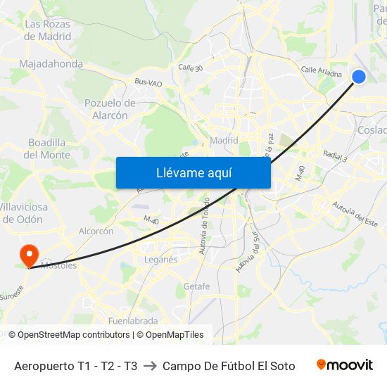 Aeropuerto T1 - T2 - T3 to Campo De Fútbol El Soto map